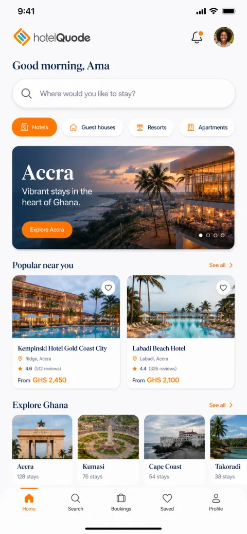 bookQuode app showing hotel search across Ghana